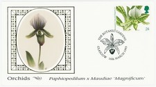 G.B. BENHAM SILK F.D.C. POSTCARD ORCHIDS (PAPHIOPEDILUM MAGNIFICUM) 1993