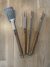 3 VTG WEBER Wood Handles Grill Tongs, Spatula & Meat Fork BBQ Stainless Steel