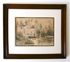 AQUARELLE PAYSAGE MOULIN A EAU, SIGNEE, OLIVER BAKER, ENCADREE, fin XIX-deb. XXe