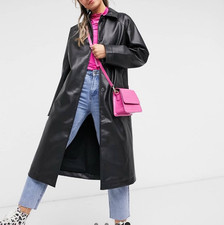 Womens Monki Black Vinyl Leather Trench coat Size Small