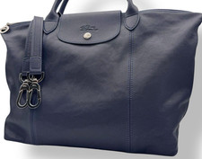 Longchamp Le Pliage Cuir Tote Bag Navy All Leather 2way Shoulder Fits A4 Auth