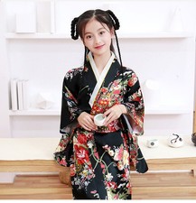 Japanese Traditional Costume Peony Kimono Dress Kids Obi Bathing Robe Yukata 01