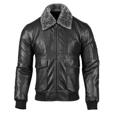 Blouson de motard bombardier noir en cuir d'agneau véritable pour homme col...