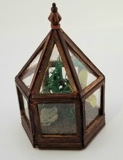 DOLLHOUSE MINIATURE ARTISAN WALNUT TABLE TOP TERRARIUM WITH PLANTS~  F. HUSTON