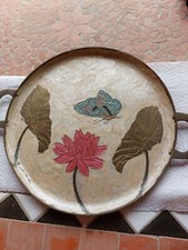 Plateau cuivre/ laiton émaillé décor floral