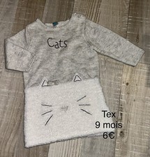 Tex 9 MOIS bébé fille  : ROBE pull grise motif chat tbe