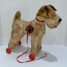 VINTAGE WIRE FOX TERRIER DOG CHILD'S PULL TOY CLOTH and FUR BODY ON WHEELS