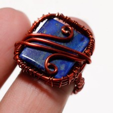 Bague en cuivre pierre précieuse lapis-lazuli en fil artisanal bijou ancien 7...