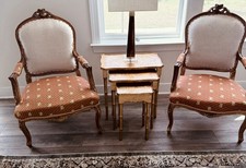 Vintage Pair French Louis XV Style Wood Carved Arm Chairs SHIPPING AVAILABLE