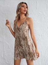 ROBE COURTE EVASE DECOLLETE FINE BRETELLE PLAGE MARRON BEIGE L 38 40 42 NEUF