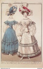 1829 Parisian Costume Engraving # 2734b (Eau forte) Velvet Fringe Hat Dress