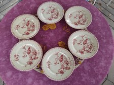6 Assiettes Plate Terre de Fer Porcelaine Opaque Gien Chèvrefeuille Rouge 23,5cm