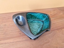 Ceramic Pipe Holder Ashtray Black Glaze Leather Sheathed Design Jouve Style