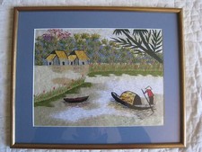 cadre avec broderie du Viet-Nam : jonque sur le fleuve