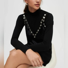 MAJE $535 Radeu Crystal Embellished Satin and Jersey Mini Dress Black Sz 34 US 2