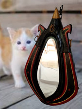 vintage mirror on a horse necklace - leather, brass - vintage 1930s
