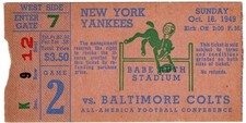 1949 BALTIMORE COLTS vs NEW YORK YANKEES ticket stub 10/16/49 TOM LANDRY rookie