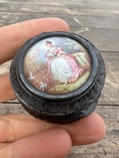 Box & pill box silver metal & paint woman with fan circa 1900 box