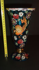 superb enamelled glass flower vase decor 3 birds signed SPANISH ROYO SPAIN