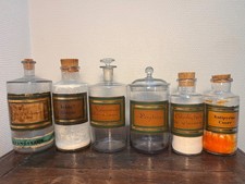 Set of 6 Antique French Apothecary Jars – 19th C Pharmacy Bottles, Labels