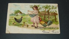 1905 CPA POSTCARD FRANCE GIRL FOOD CHICKEN ROOSTER CHICKS embossed