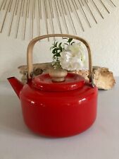 1124⚜️ Antique Red Enamel Kettle and Vintage Wooden Handle