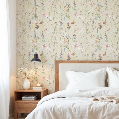 Papier peint floral crème - peint,