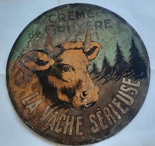 Antique lithographed canvas plate Crème de Gruyère LA VACHE SERIEUSE 1920 50cm