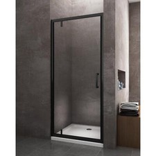 PORTE DE DOUCHE BATTANTE À PIVOTS ASYMÉTRIQUES H 200 VERRE 8 MM CADRE NOIR MATT