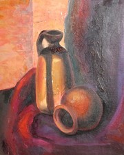 Nature morte avec pot et cruche peinture à l'huile ancienne double peinture