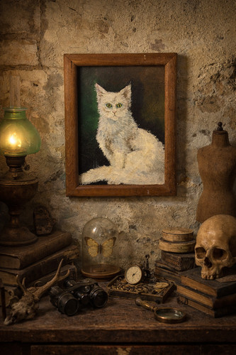 Peinture ancienne chat - , blanc