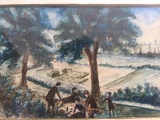 Pastel drawing chalk fat on paper to identify picnic lunch 1950