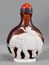 Chinese Elephant Monkey Kylin Carved Peking Overlay Glass Snuff Bottle
