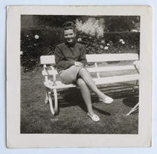 Elegant Young Woman Cross Legs Bench Hairstyle - Vintage Photo Snapshot 60's