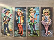 4 VTG 1965 MCM Goji Girl Big Eye Harlequin Fairy Ballerina Jester Litho Prints