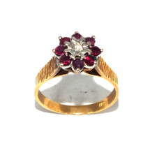Femmes Orné 18ct or Jaune Antique Bague Parure Avec Diamant + Rubies,GB Taille P