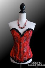 Corset Bustier chic et sexy brodé Serre-Taille Satin Rouge et Noir 38-40