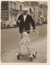 OLD PHOTOGRAPH DADDY WITH PIPE WALKS BABY IN HIS STROLLER