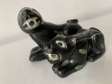 2 Jaguar Black Panther Onyx Stone Obsidian Malachite Teotihuacan Sculptures