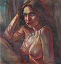 beautiful naked woman, original painting 30 x 30 modern watercolor work by RYBAK A.