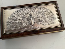 Vintage coffre a bijoux en bois et argent 925 Paon signé.