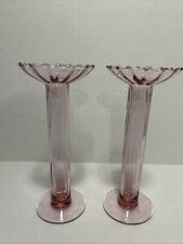 Set 2 French Athezza Pink Glass Vases Or Candle Holders Ruffled Top Faceted