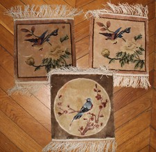 Lot Of 3 Small Chinese Silk Rugs Beige Brown Bird Flowers Handmade