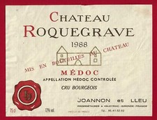 77/70 label Bordeaux Médoc CHÂTEAU ROQUEGRAVE cru bourgeois1988 JOANNON