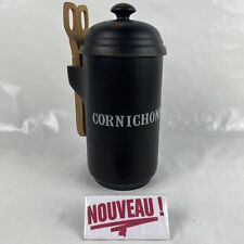 ➜PICKLE/OLIVE POT black wooden/glass with tongs from France old/vintage