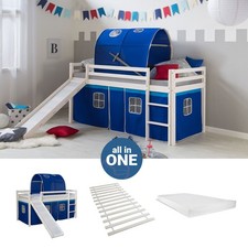 Cadre de Lit d'enfant superposé 90x200 Toboggan Matelas Tunnel Bleu Homestyle4u