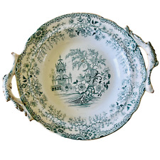 Petite coupe sur piédouche faïence ancienne Colandine vert chinoiserie plat