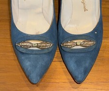 Vtg Sz 7.5  50s Pointy Rockabilly Dress Pumps Swing Dance Blue Leather Suede 60s