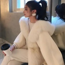 Manteau cape femme en laine mélangée réversible col fausse fourrure châle man...