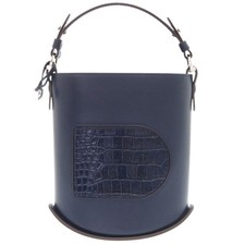 AUTHENTIC DELVAUX bread mini bucket Hand Bag Navy Leather/